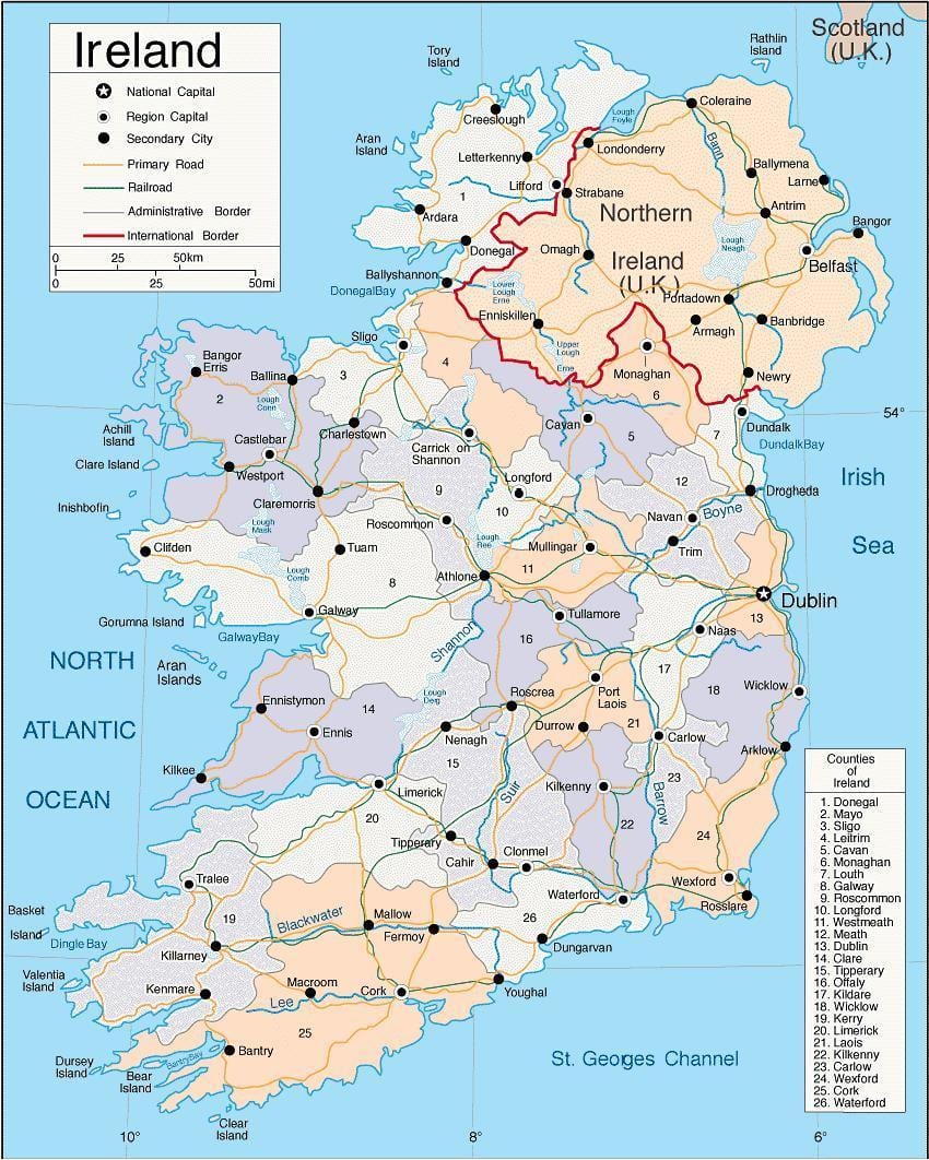 mapa detallat d'irlanda, amb pobles i ciutats